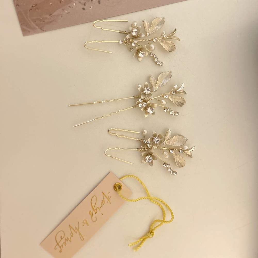 Twigs and Honey 3x’s Dainty blossom and crystal hairpin Style #858 - gold